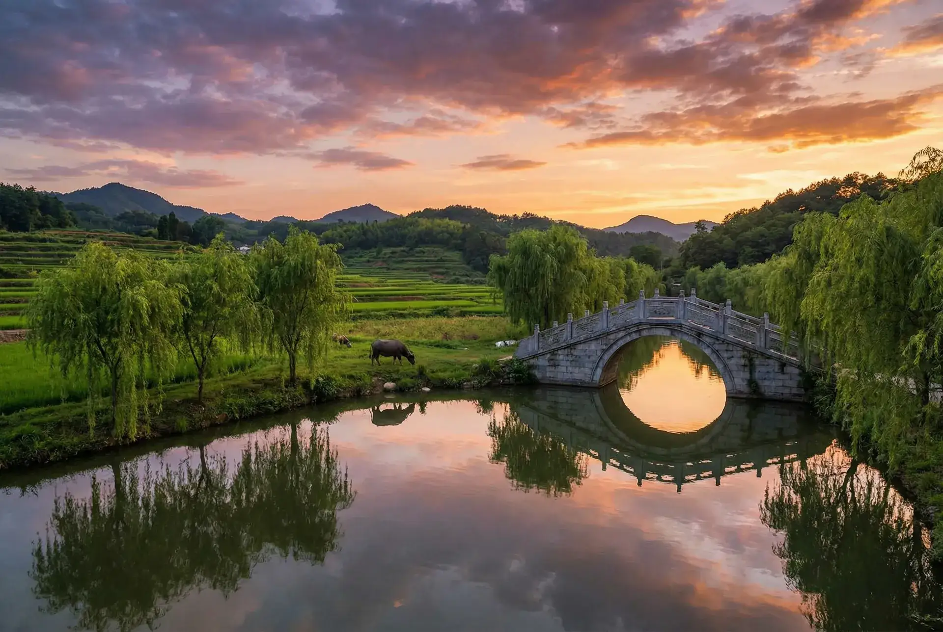 夕阳下的石拱桥与垂柳，水牛在河边吃草 - 网通电影 乡村美景